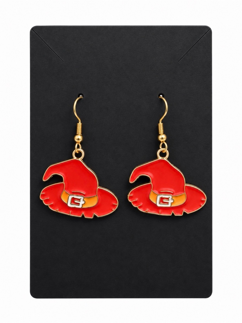 Red Witch Hat Enamel Drop Earrings with Gold Hooks